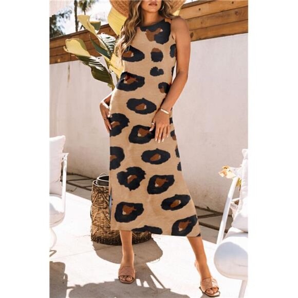 Leopard Round Neck Sleeveless Women’s Midi Dress - Picture 1 of 9